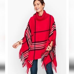 Talbots Red Plaid Fringed Cowl Neck Poncho Size XS/Small